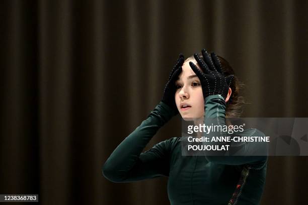 Russia's Kamila Valieva attends a training session on February 11, 2022 prior the Figure Skating Event at the Beijing 2022 Olympic Games.