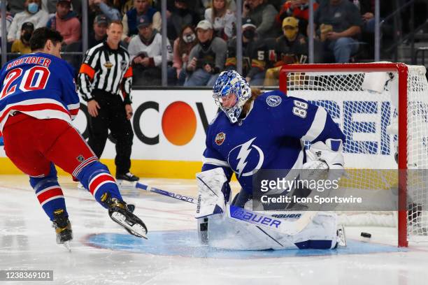 Chris Kreider New York Rangers forward scores a goal against Andrei Vasilevskiy Tampa Bay Lightning goalie during the NHL All-Star Skills Competition...