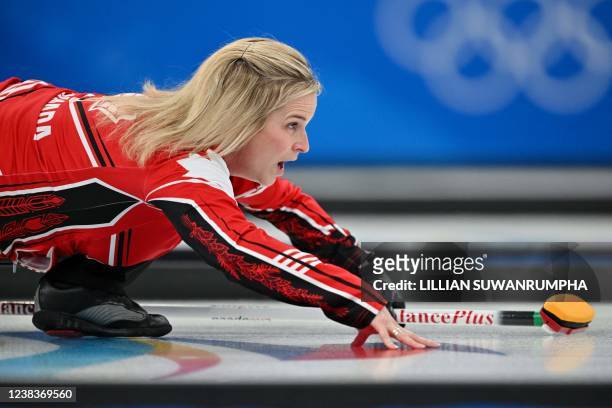 Canadas Jennifer Jones reacts during the womens round robin session 3 game of the Beijing 2022 Winter Olympic Games curling competition between...