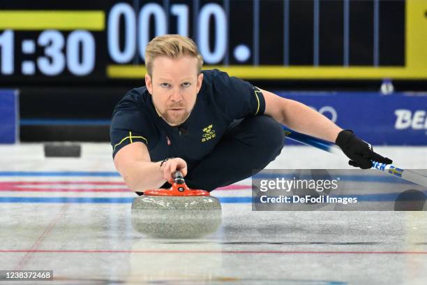 Niklas Edin of Sweden in action at the Curling Men's Round Robin Session 3 during the Beijing 2022 Winter Olympics at National Aquatics Centre on...