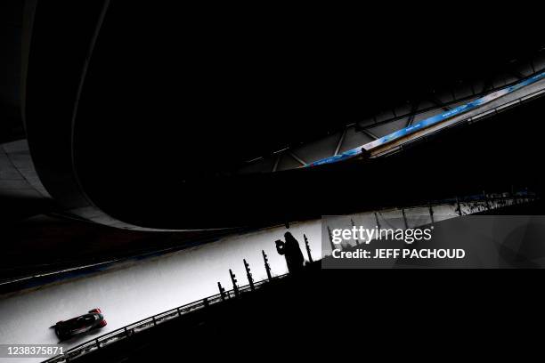 Austria's Katrin Beierl takes part in the women's monobob bobsleigh training at the Yanqing National Sliding Centre during the Beijing 2022 Winter...