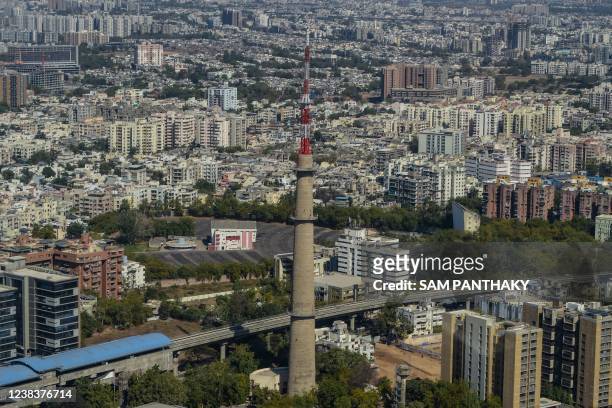 General overview of the Ahmedabad city pictured from an helicopter during a promotional media tour of the 'Chopper Joy Ride' service launched by the...