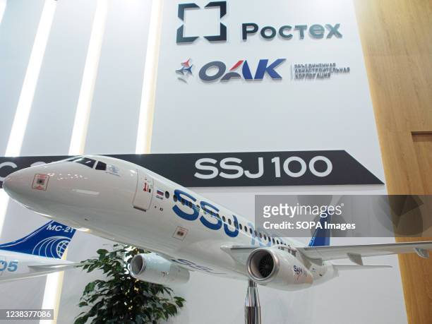 Model of Sukhoi Superjet 100 regional jet at the 9th National Aviation Infrastructure Show . NAIS Forum & show is the industry event in Russia and...