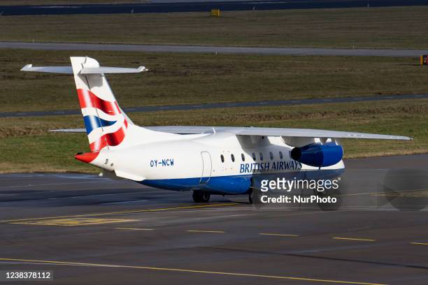 British Airways Dornier Do-328JET-300 aircraft as seen in Eindhoven airport EIN during the taxiing, takeoff, and flying phase departing to Arvidsjaur...