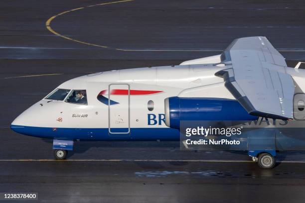 British Airways Dornier Do-328JET-300 aircraft as seen in Eindhoven airport EIN during the taxiing, takeoff, and flying phase departing to Arvidsjaur...