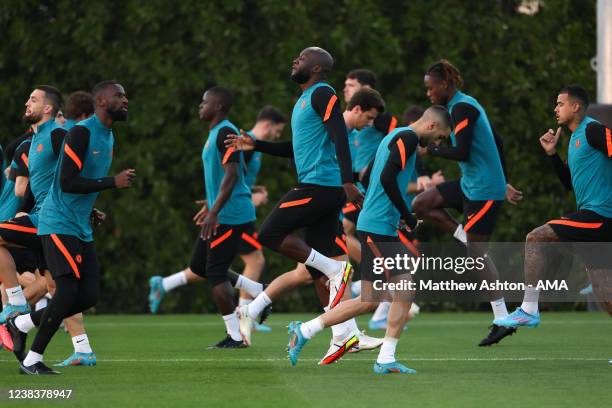 Romelu Lukaku of Chelsea trains alongside team mates during a Chelsea training session at the FIFA Club World Cup UAE 2021, Ritz-Carlton Football...