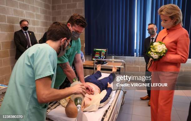 Queen Mathilde of Belgium pictured during a royal visit to the Mons campus of the nursing high school Condorcet of Hainaut Province, Friday 11...