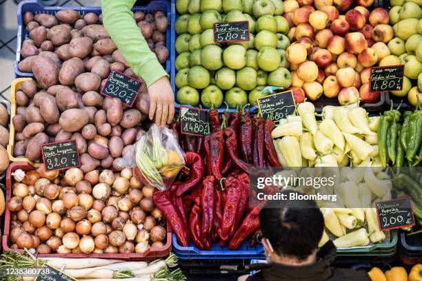 Hungarian forint price tags at a vegetable stall inside Lehel market hall in Budapest, Hungary, on Friday, Feb. 11, 2022. Prime Minister Viktor...