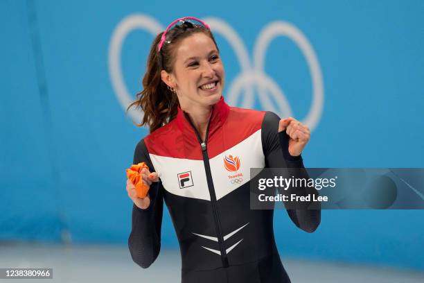 Suzanne Schulting of Team Netherlands celebrates winning the Gold medal during the Women's 1000m Final A on day seven of the Beijing 2022 Winter...