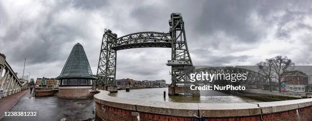 Panoramic wide angle view of the iconic historic De Hef - Koningshavenbrug Bridge in the Dutch port city of Rotterdam may be dismantled for Jeff...