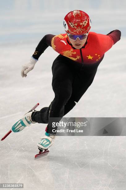 Wenlong Li of Team China crashes during the Men's 5000m Relay Semifinals on day seven of the Beijing 2022 Winter Olympic Games at Capital Indoor...