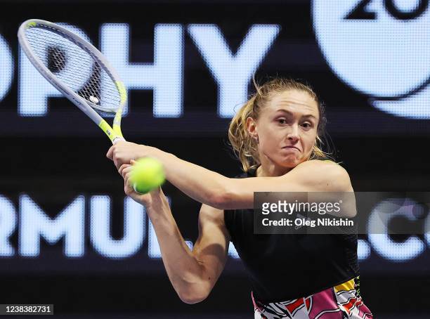 Aliaksandra Sasnovich of Belarus plays a shot against Jelena Ostapenko of Latvia during the women's quarter final match on Day Five of the WTA St....