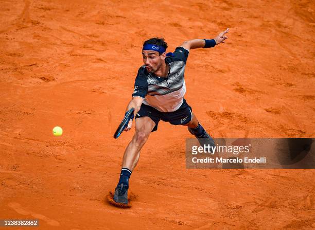 Fabio Fognini of Italy hits a backhand during a match against Federico Delbonis of Argentina at Buenos Aires Lawn Tennis Club on February 11, 2022 in...