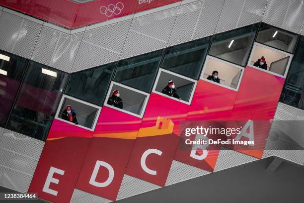 Judges during the men´s ski jumping qualification from the large hill during the Beijing 2022 Winter Olympics at National Ski Jumping Centre on...