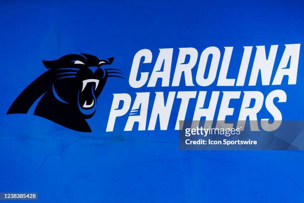 Detail view of the Carolina Panthers logo seen at the Super Bowl Experience on February 08 at the Los Angeles Convention Center in Los Angeles, CA.