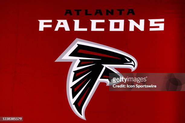 Detail view of the Atlanta Falcons logo seen at the Super Bowl Experience on February 08 at the Los Angeles Convention Center in Los Angeles, CA.