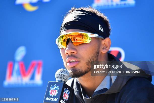 Cincinnati Bengals' wide receiver Tyler Boyd speaks during a media availabilty at UCLA ahead of Super Bowl LVI against the Los Angeles Rams in Los...