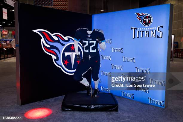 Detail view of the Tennessee Titans uniform and logo seen at the Super Bowl Experience on February 08 at the Los Angeles Convention Center in Los...