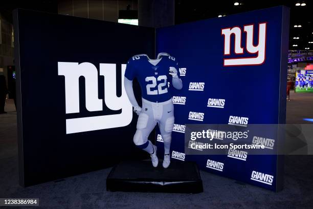 Detail view of the New York Giants uniform and logo seen at the Super Bowl Experience on February 08 at the Los Angeles Convention Center in Los...