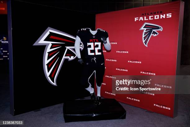 Detail view of the Atlanta Falcons uniform and logo seen at the Super Bowl Experience on February 08 at the Los Angeles Convention Center in Los...