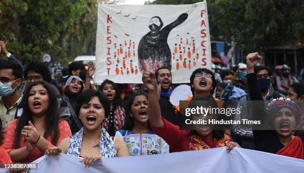 Students of Jadavpur University protest against the Hijab ban by Karnataka government at Jadavpur University campus on February 11, 2022 in Kolkata,...