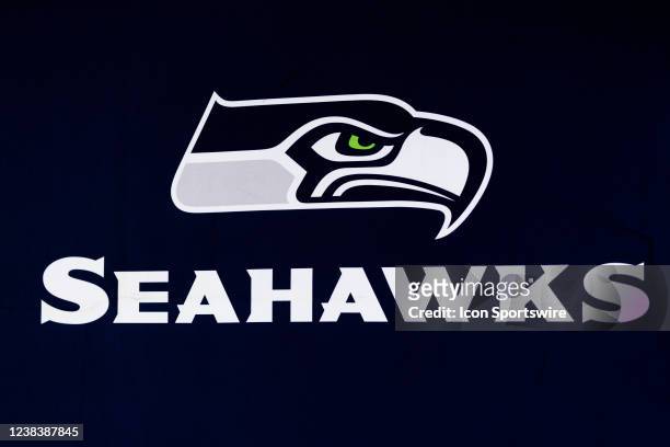 Detail view of the Seattle Seahawks logo seen at the Super Bowl News  Photo - Getty Images