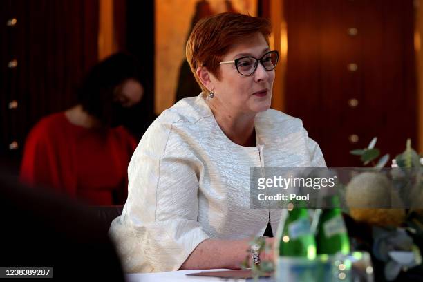 Australian Minister for Foreign Affairs Marise Payne speaks during a meeting of the Quadrilateral Security Dialogue foreign ministers on February 12,...