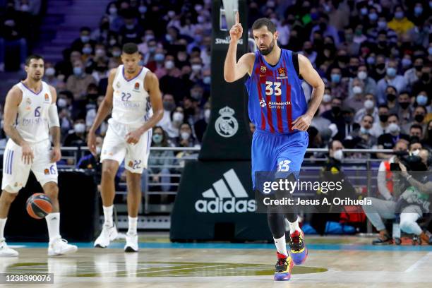 Nikola Mirotic, #33 of FC Barcelona celebrates during the Turkish Airlines EuroLeague Regular Season Round 26 match between Real Madrid and FC...