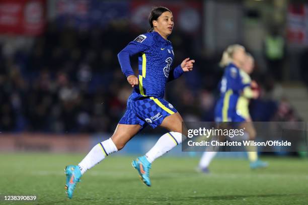 Sam Kerr of Chelsea during the Barclays FA Women's Super League match between Chelsea Women and Arsenal Women at Kingsmeadow on February 11, 2022 in...