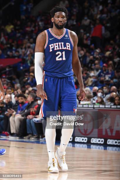 Joel Embiid of the Philadelphia 76ers looks on during the game against the Oklahoma City Thunder on February 11, 2022 at the Wells Fargo Center in...