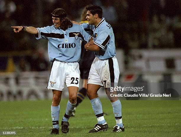 Matias Almeyda of Lazio is congratulated on his goal during the Serie A match between Parma and Lazio played at the Stadio Ennio Tardini, Parma,...