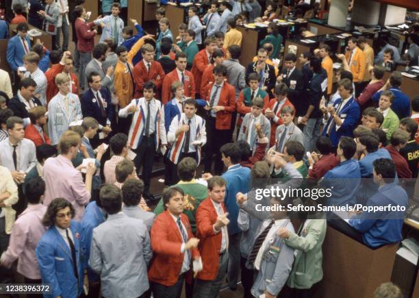 Traders at work in the London International Financial Futures Exchange at the Royal Exchange building near Bank in London, England circa June 1987....