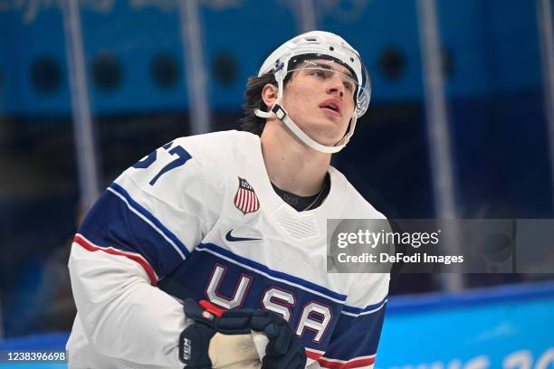 Matt Knies of USA looks on at the men's ice hockey group A preliminary round match between Canada and USA during the Beijing 2022 Winter Olympics at...