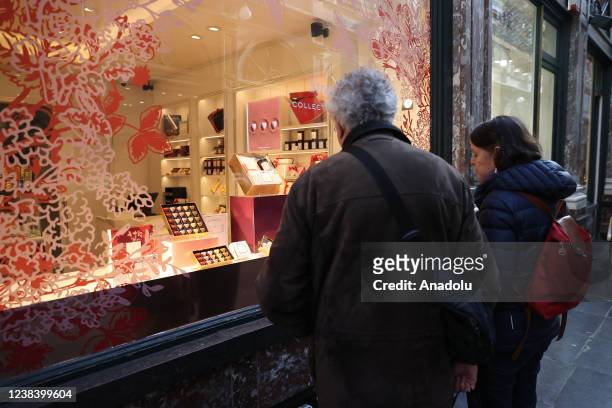 Boxes of heart-shaped chocolates are displayed in the window of a pastry shop before Valentine's Day on February 12, 2022 in Brussels, Belgium.