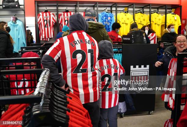 Christian Eriksen shorts on sale in the Brentford Club shop prior to the Premier League match at the Brentford Community Stadium, London. Picture...