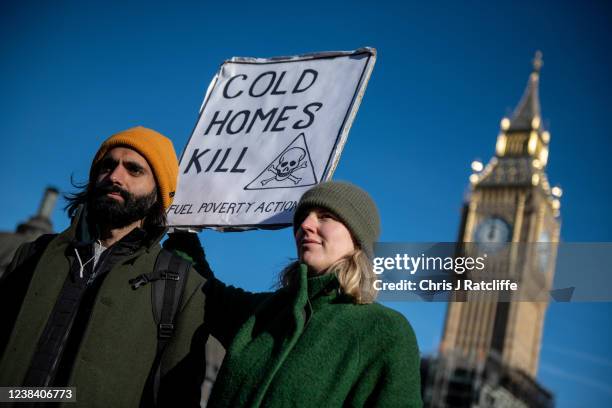Protesters attend a demonstration in Parliament Square about the rising cost of living and energy bills on February 12, 2022 in London, United...