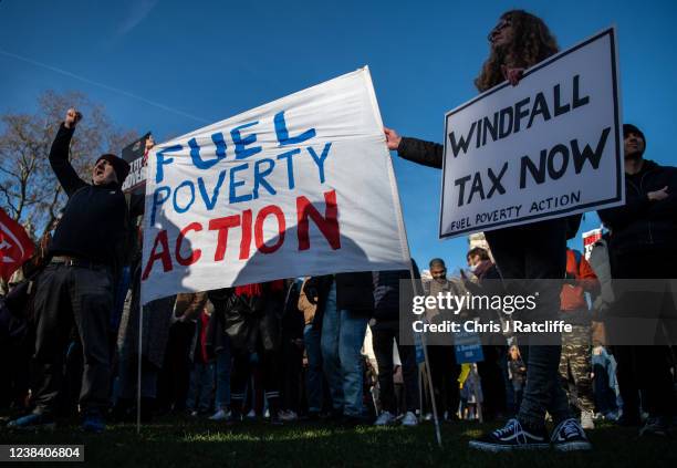 Protesters attend a demonstration in Parliament Square about the rising cost of living and energy bills on February 12, 2022 in London, United...