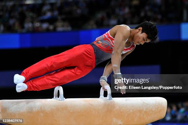 Ashish Kumar of India competing on pommel horse in the men's all-round final competition during the 2014 Commonwealth Games at the SSE Hydro Arena,...