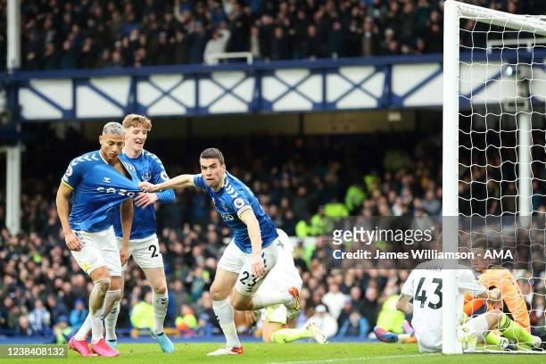 Seamus Coleman of Everton celebrates after scoring a goal to make it 1-0 during the Premier League match between Everton and Leeds United at Goodison...