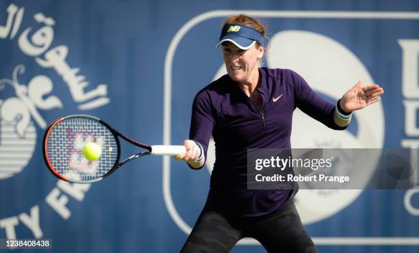 Madison Brengle of the United States in action against Amanda Anisimova of the United States during the first round of qualifications of the Dubai...