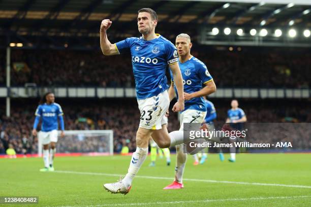 Seamus Coleman of Everton celebrates after scoring a goal to make it 1-0 during the Premier League match between Everton and Leeds United at Goodison...