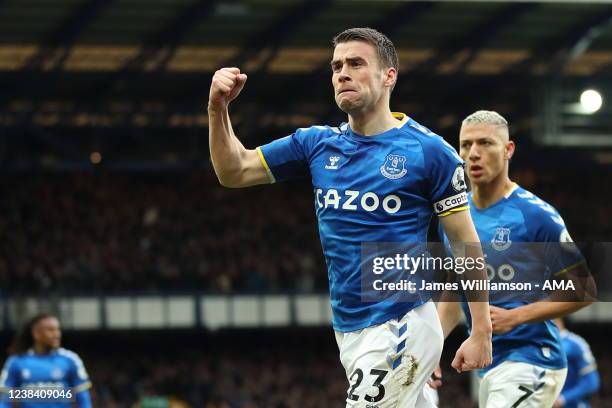 Seamus Coleman of Everton celebrates after scoring a goal to make it 1-0 during the Premier League match between Everton and Leeds United at Goodison...