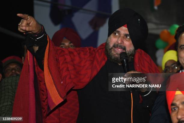 Punjab Congress party president and Congress party candidate Navjot Singh Sidhu addresses to his supporters during an election campaign for the...