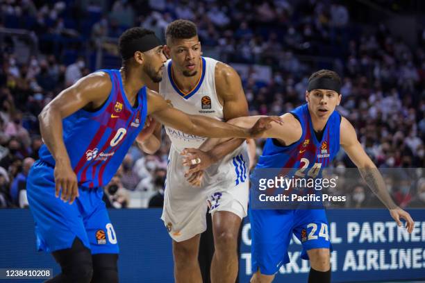 Brandon Davies , Edy Tavares and Kyle Kuric during FC Barcelona victory over Real Madrid 68 - 86 in Turkish Airlines Euroleague regular season game...