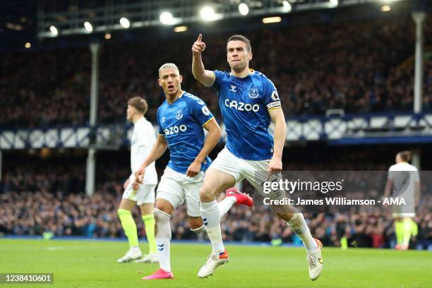 Seamus Coleman of Everton celebrates after scoring a goal to make it 1-0 during the Premier League match between Everton and Leeds United at Goodison...