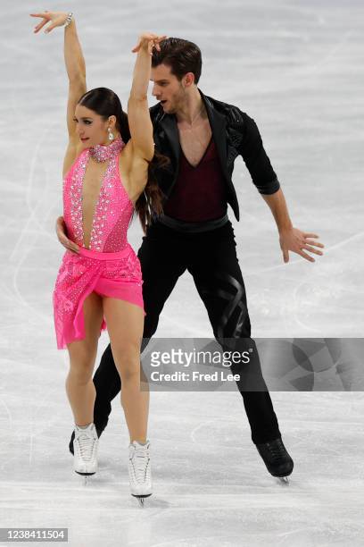 Laurence Fournier Beaudry and Nikolaj Soerensen of Team Canada skate during the Ice Dance Rhythm Dance on day eight of the Beijing 2022 Winter...