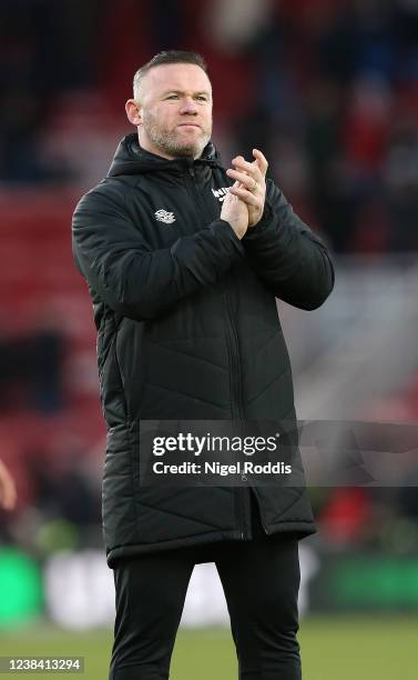 Wayne Rooney manager of Derby County reacts after the Sky Bet Championship match between Middlesbrough and Derby County at Riverside Stadium on...