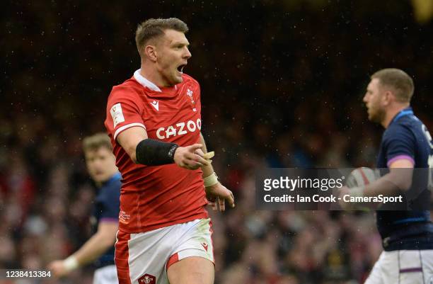 Dan Biggar of Wales shouts instructions during the Guinness Six Nations Round 2 match between Wales and Scotland at Principality Stadium on February...
