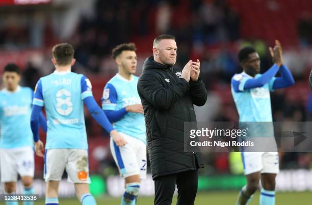 Wayne Rooney manager of Derby County reacts after the Sky Bet Championship match between Middlesbrough and Derby County at Riverside Stadium on...