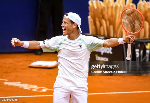 Diego Schwartzman of Argentina celebrates after winning a match against Francisco Cerundolo of Argentina at Buenos Aires Lawn Tennis Club on February...